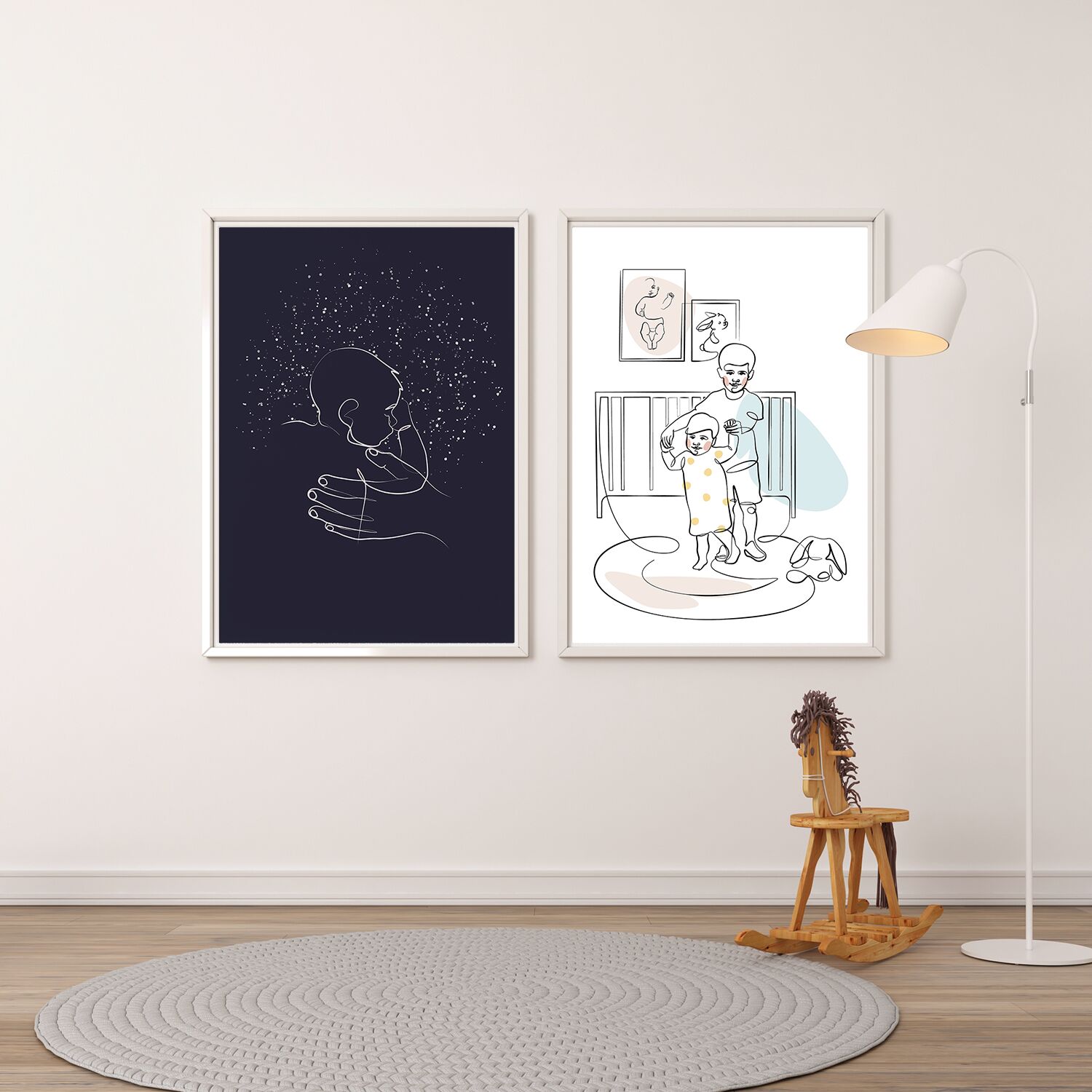 Baby sleeping Under Parents Hand on Dark Blue Background Line Art Wall Decor Poster, Kids Room Wall decor Line Art Poster - Image 4
