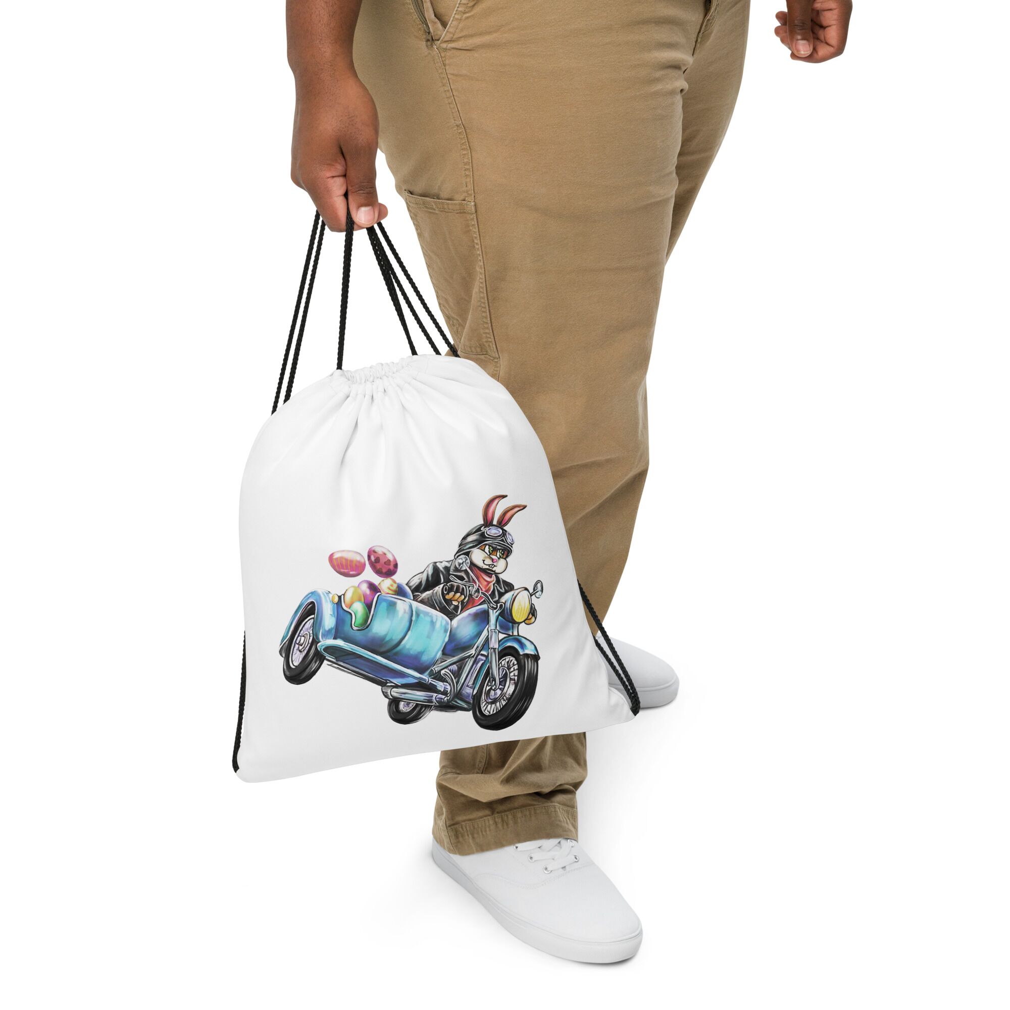 Rabbit Riding Motobike on Easter Day Drawstring Bag - Image 3