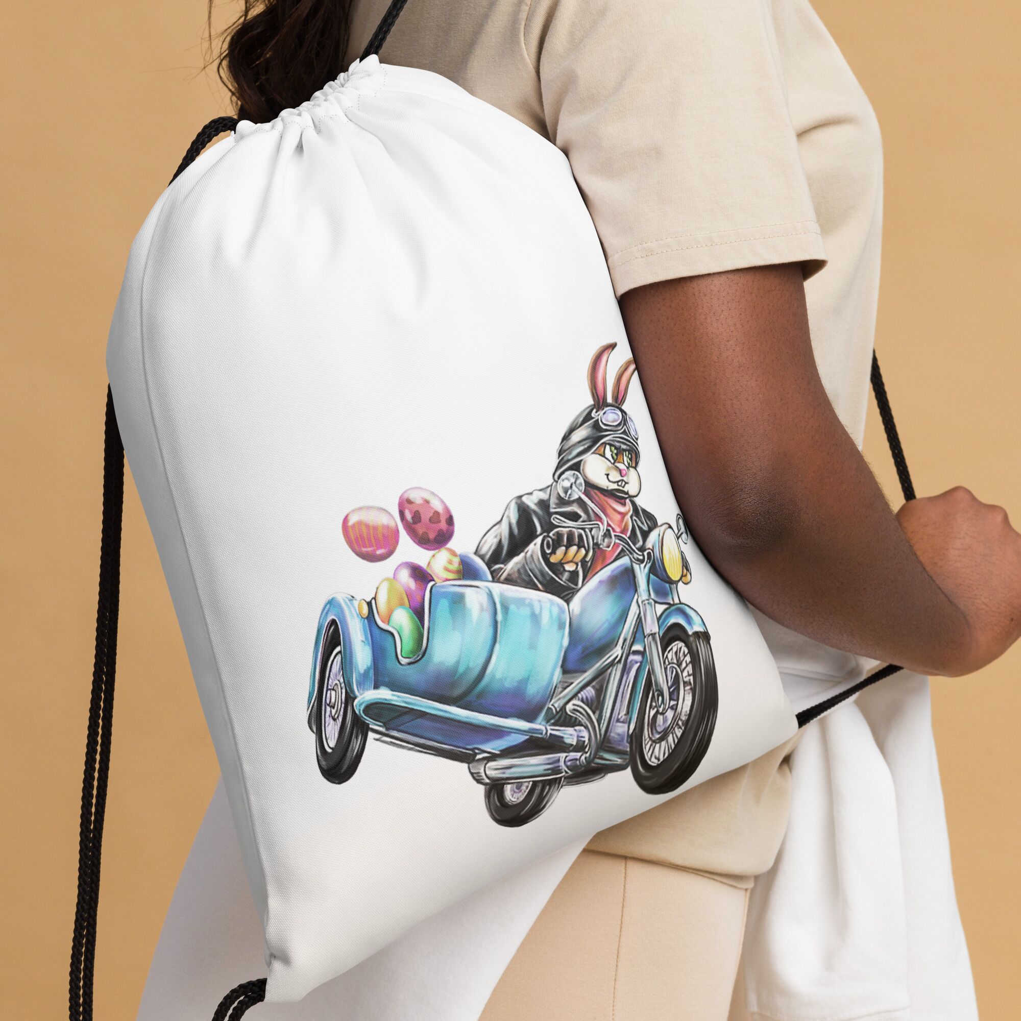 Rabbit Riding Motobike on Easter Day Drawstring Bag - Image 4