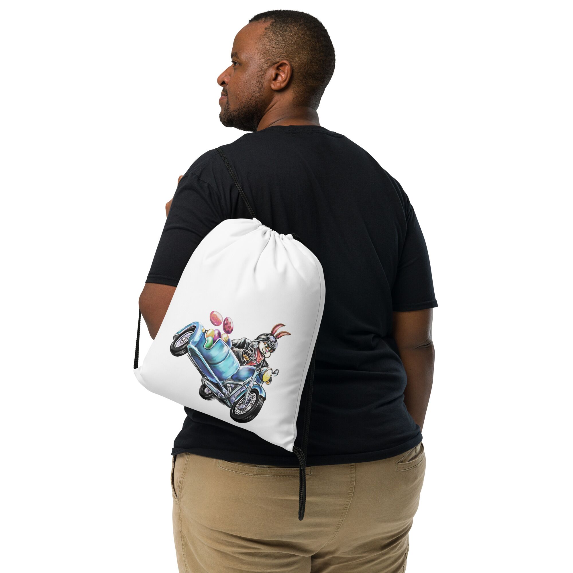 Rabbit Riding Motobike on Easter Day Drawstring Bag - Image 2