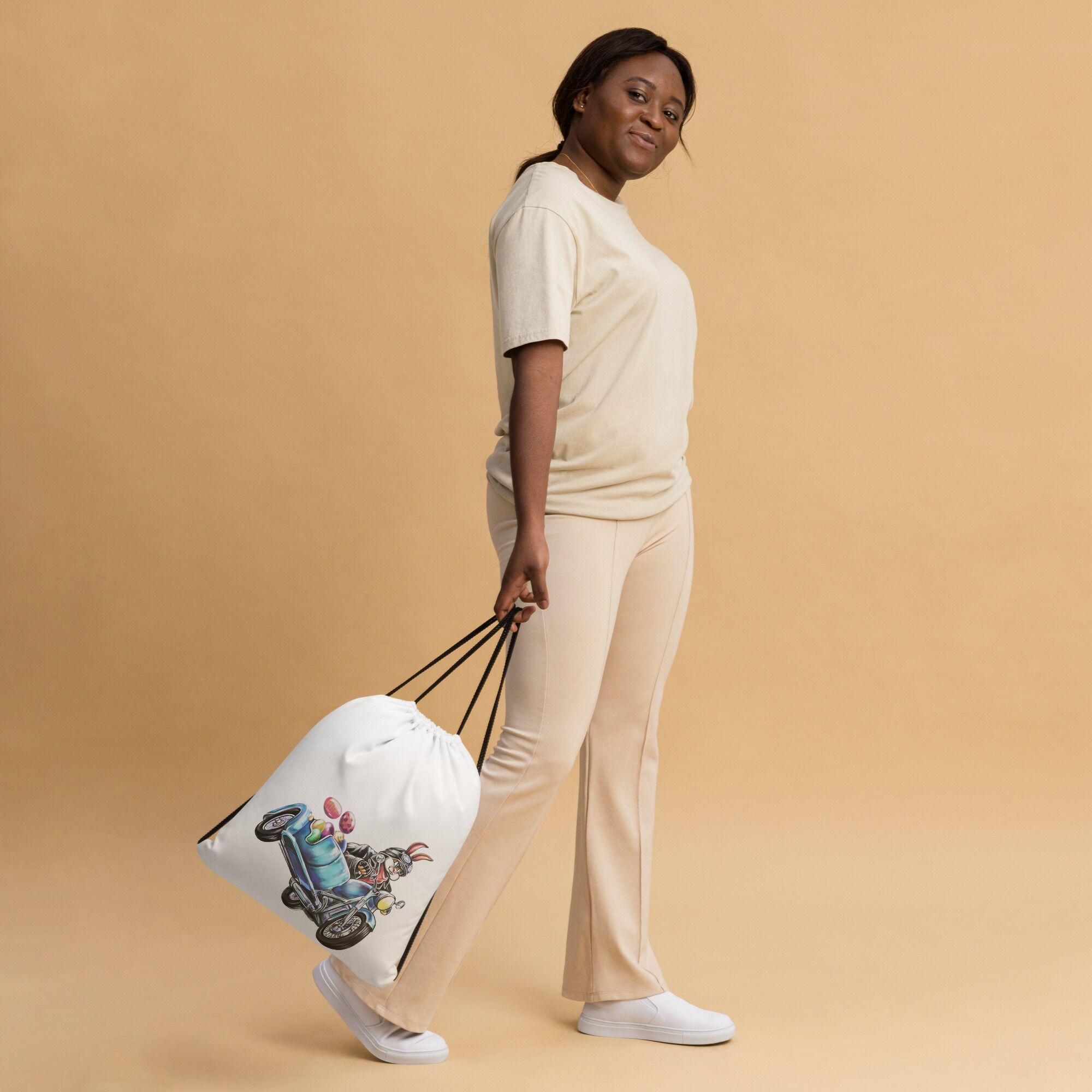 Rabbit Riding Motobike on Easter Day Drawstring Bag - Image 5