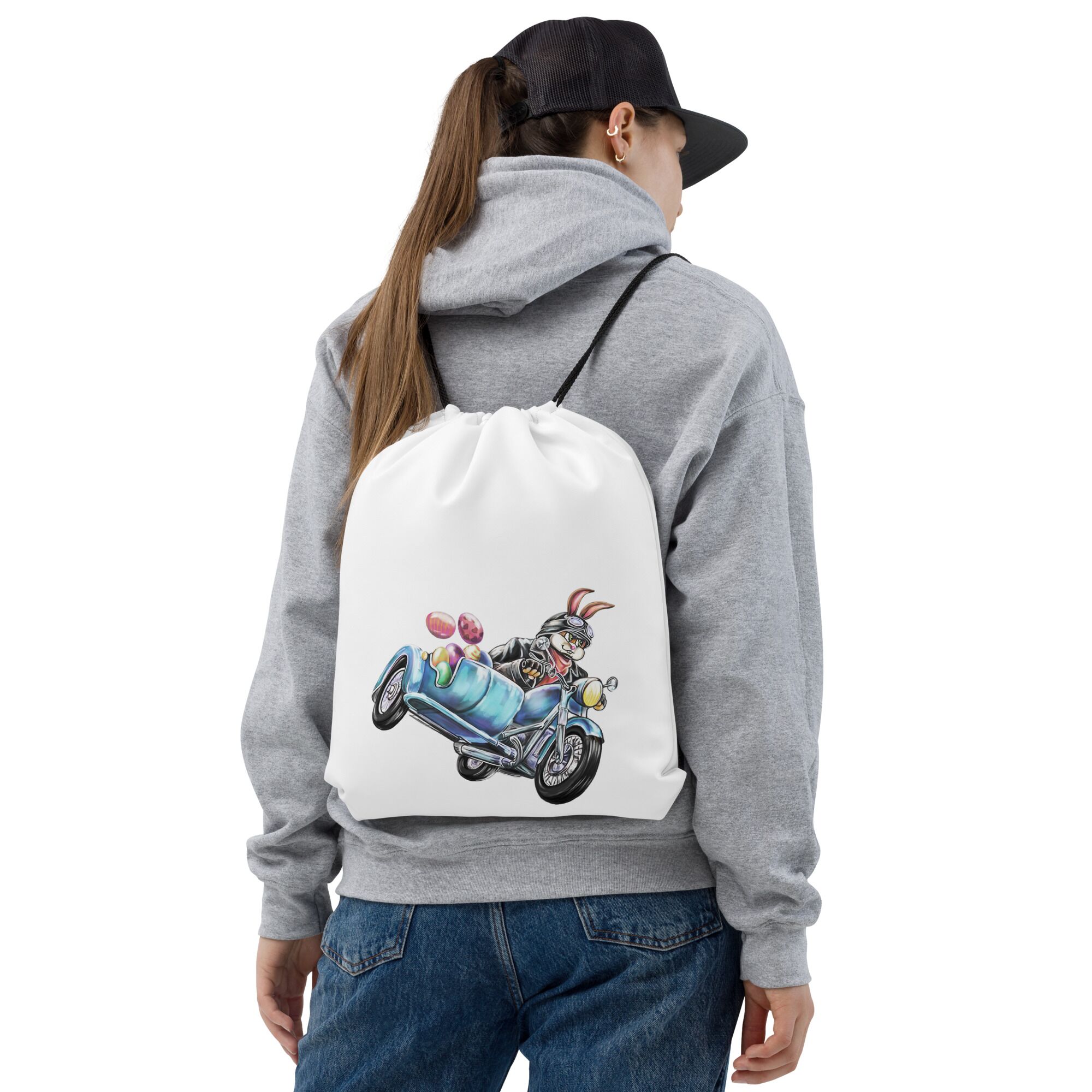 Rabbit Riding Motobike on Easter Day Drawstring Bag - Image 6