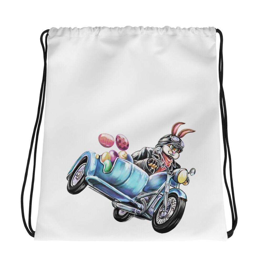 Rabbit Riding Motobike on Easter Day Drawstring Bag