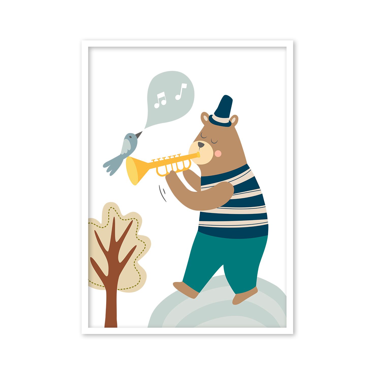 Toddlers Poster, With Cute Bear Playing Trumpt and Bird Singing