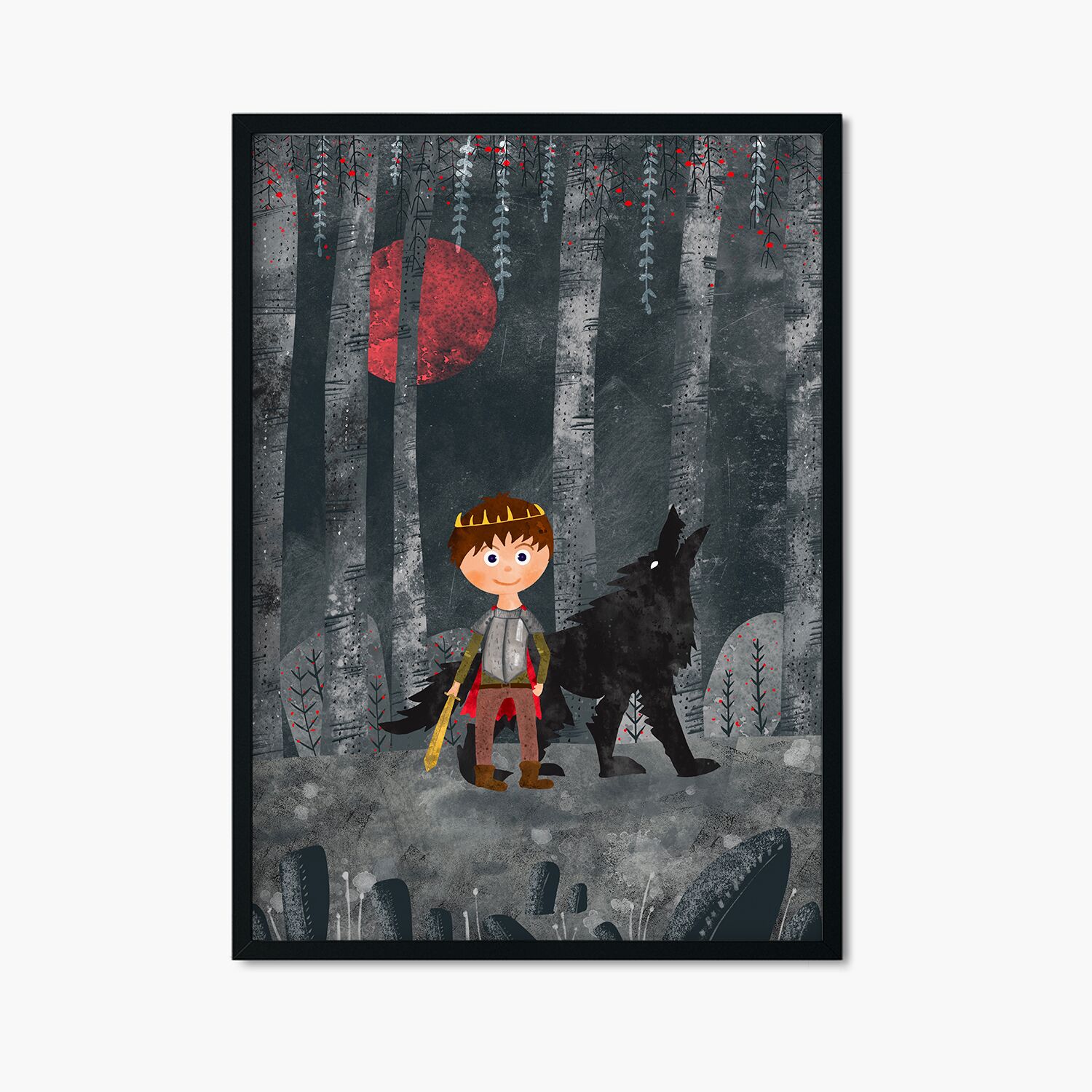 Cool Prince With Wolf In Dark Forest Personalised Poster For Boy, Premium Framed Poster