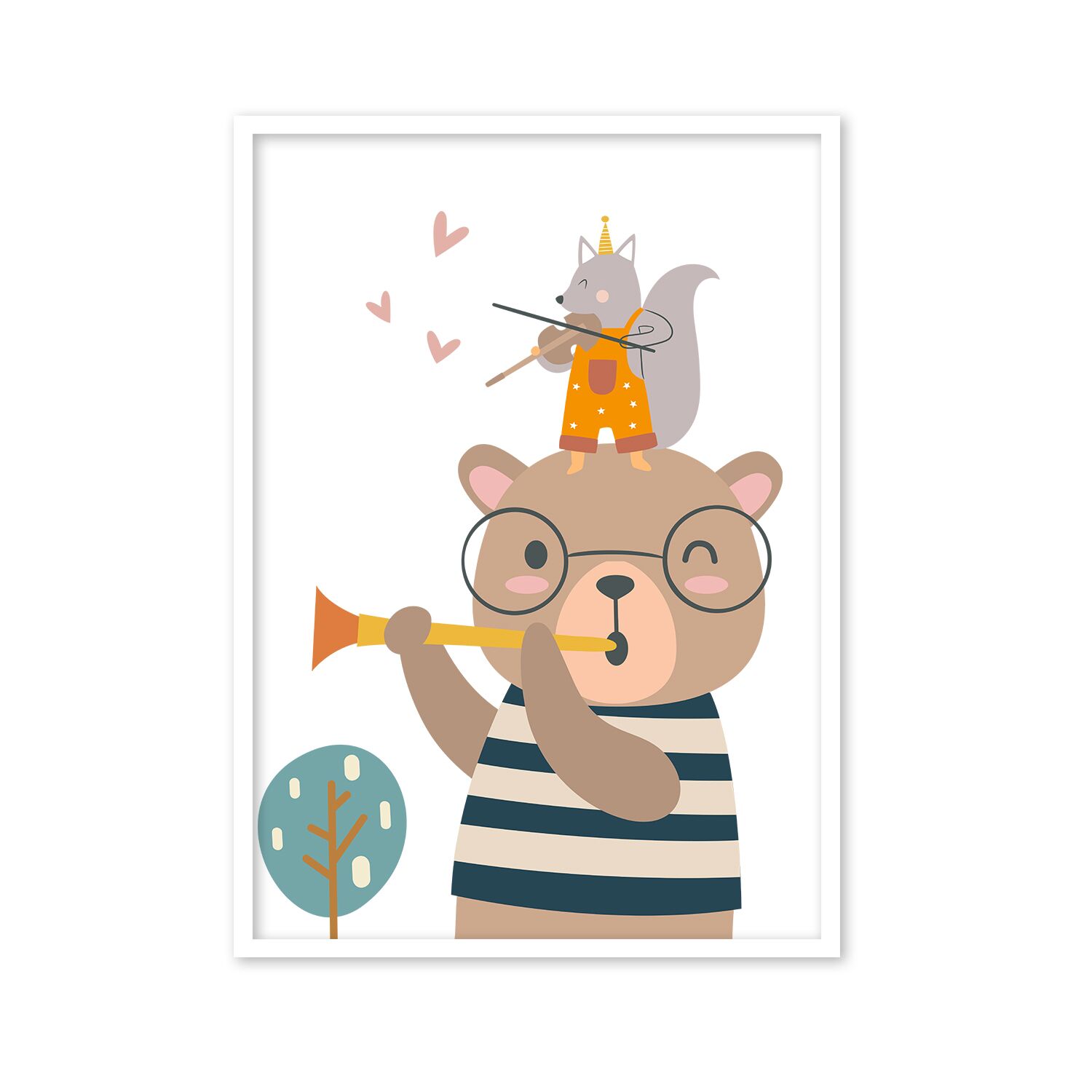 Toddlers Poster, With Cute Bear Playing A Trumpet And Little Fox Playing Violin On His Head