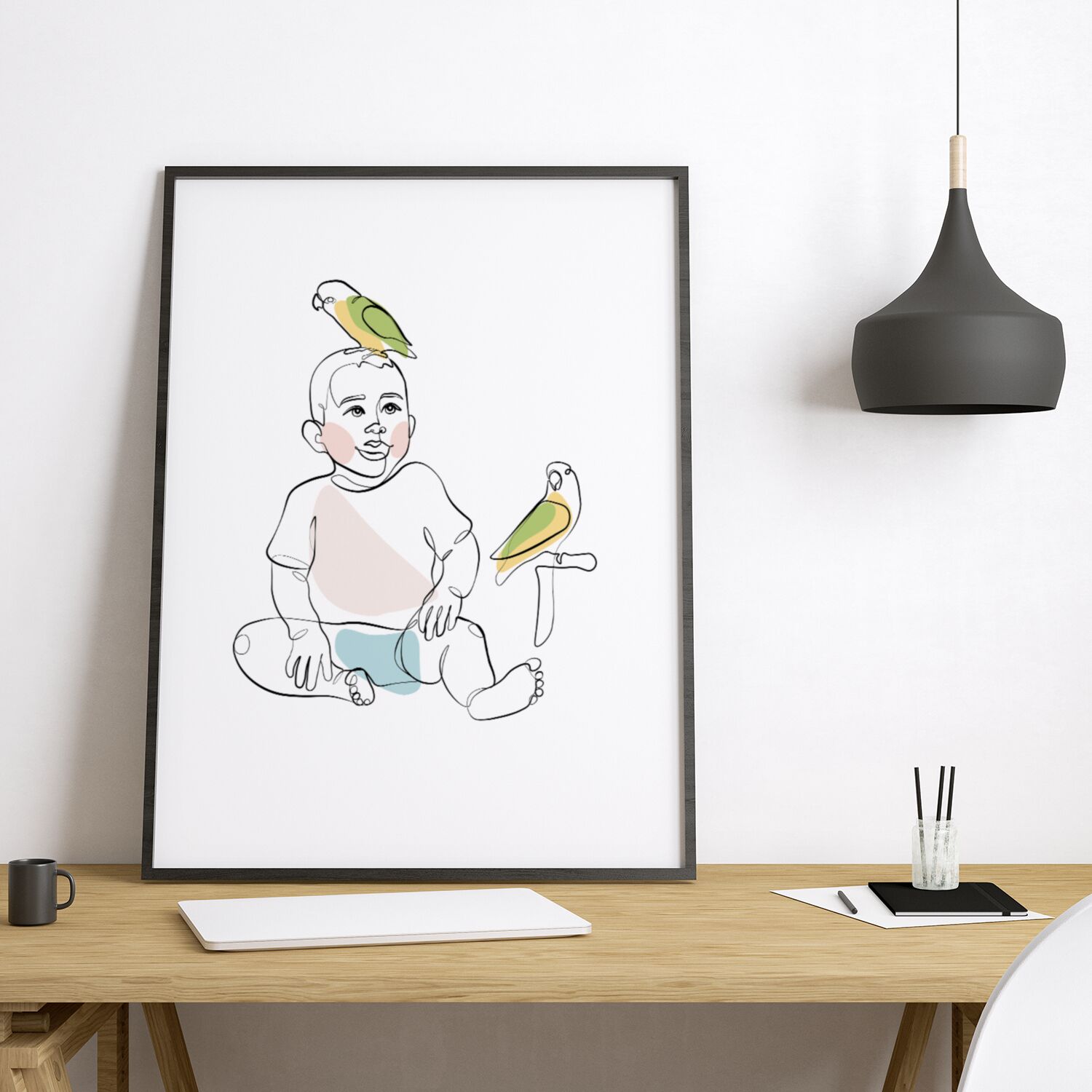 Boy And Birds Premium Matte Paper Wooden Framed Poster - Image 4
