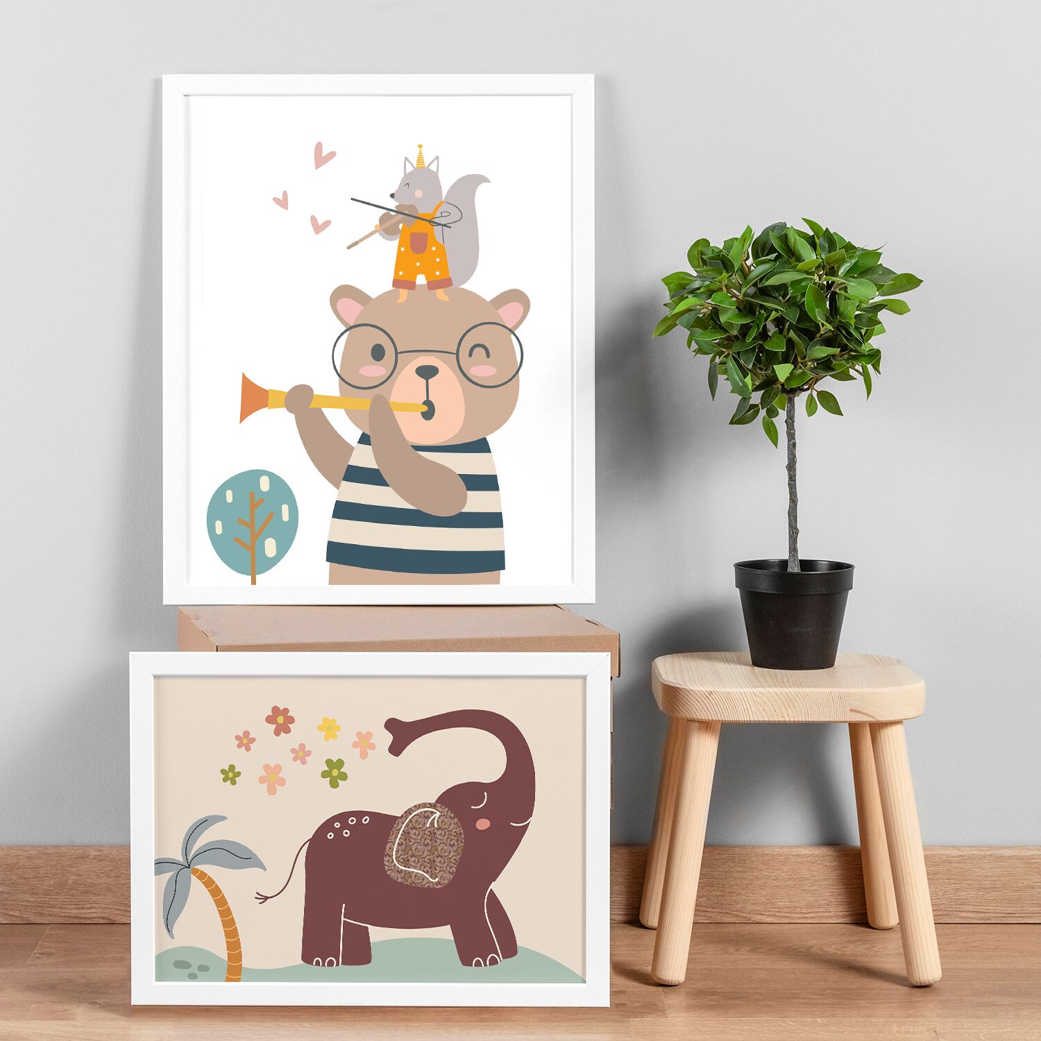 Toddlers Poster, With Cute Bear Playing A Trumpet And Little Fox Playing Violin On His Head - Image 4