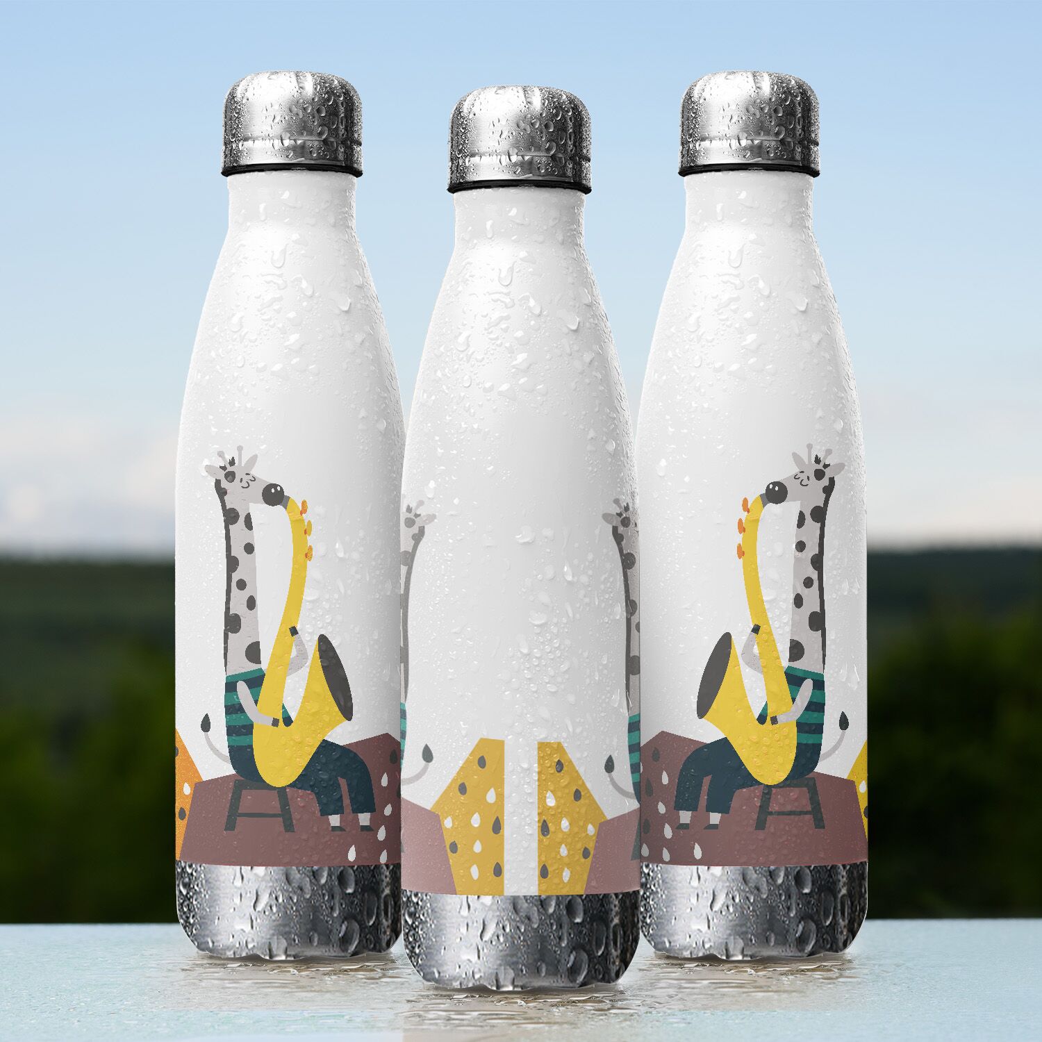 Giraffe Playing Trumpet Stainless Steel Water Bottle - Image 3