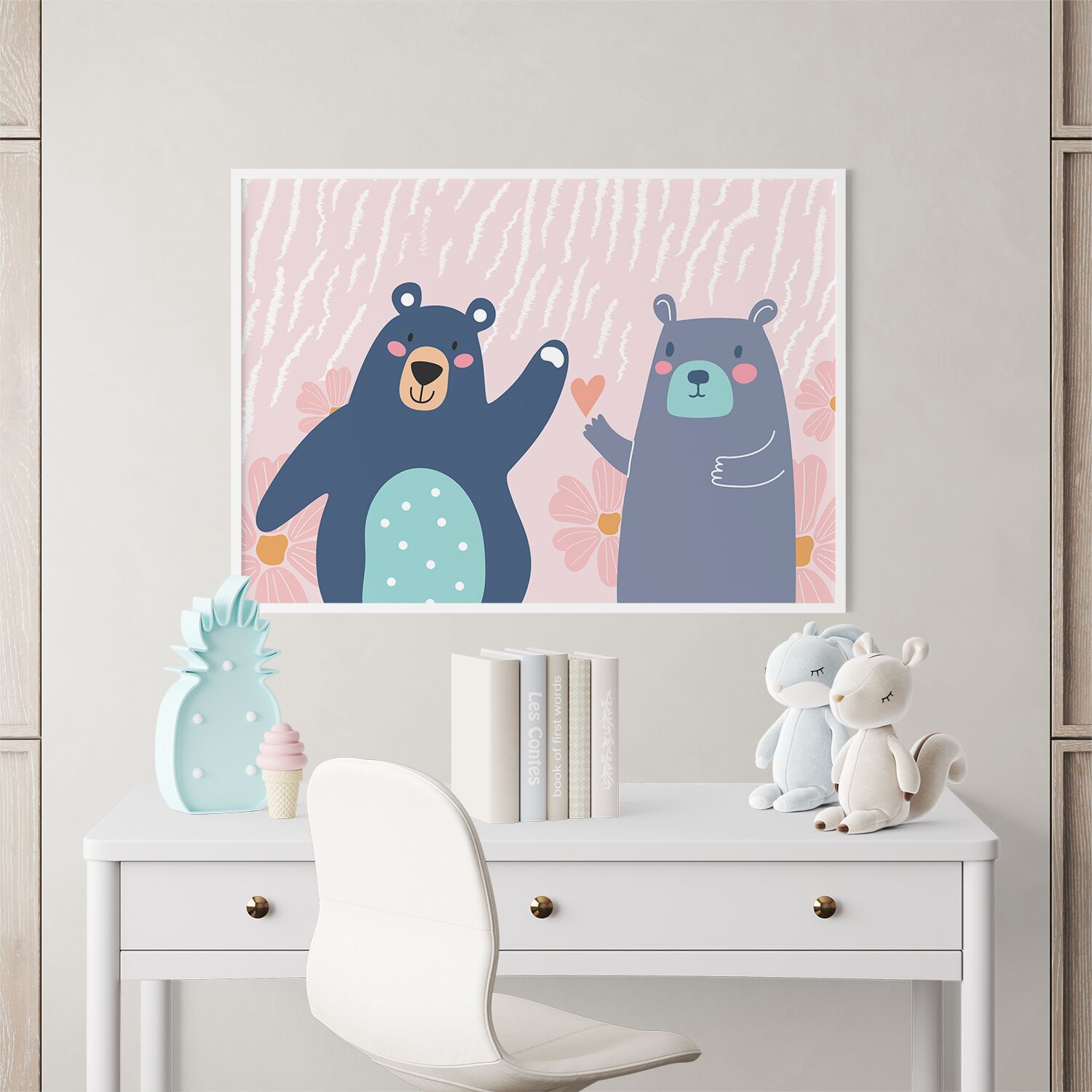 Two Cute Bears Happy Talking With Pastel Pink Background Premium Matte Paper Wooden Framed Poster - Image 3