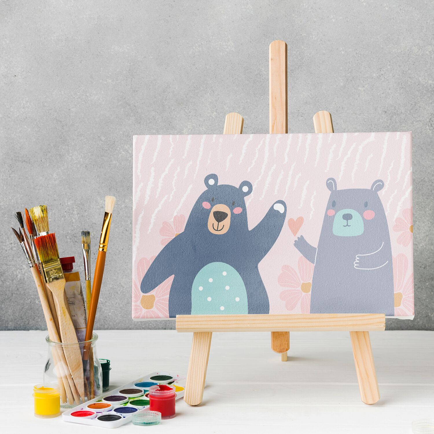 Two Cute Bears Happy Talking With Pastel Pink Background Premium Matte Paper Wooden Framed Poster - Image 4