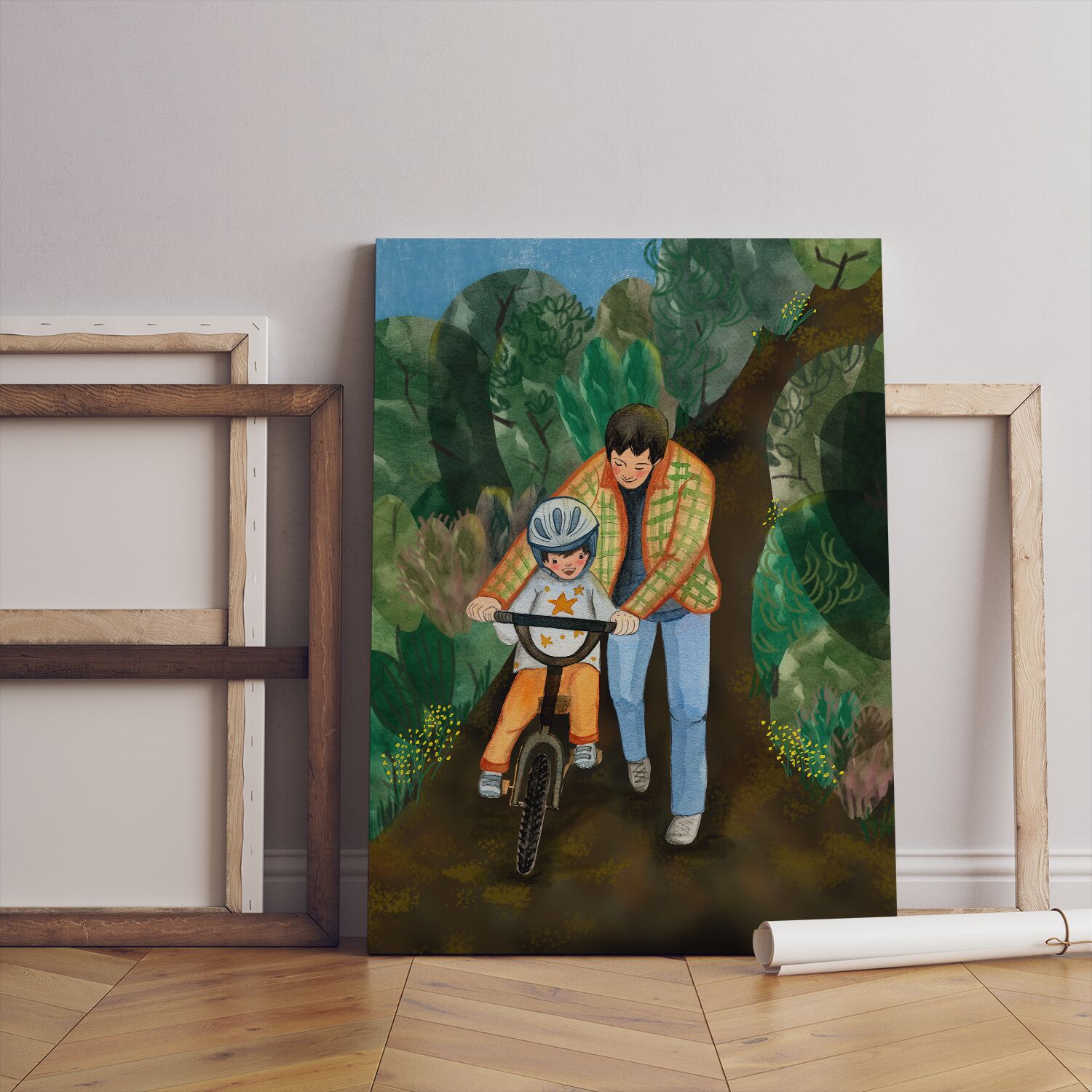 Dad Teach To Ride Bicycle To His Son Wall Art For Boys, Premium Canvas - Image 5