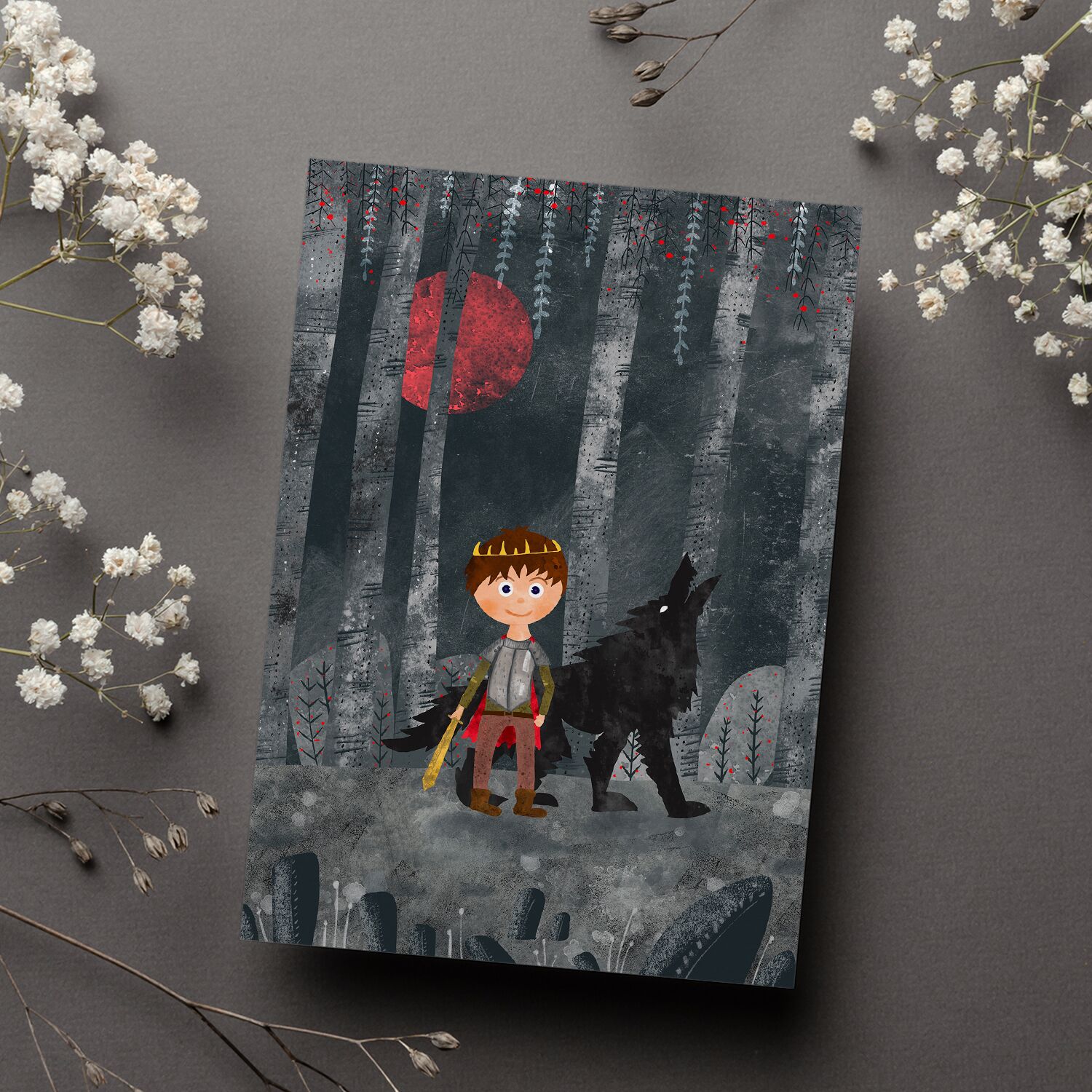 Cool Prince With Wolf In Dark Forest Personalised Poster For Boy, Premium Framed Poster - Image 2