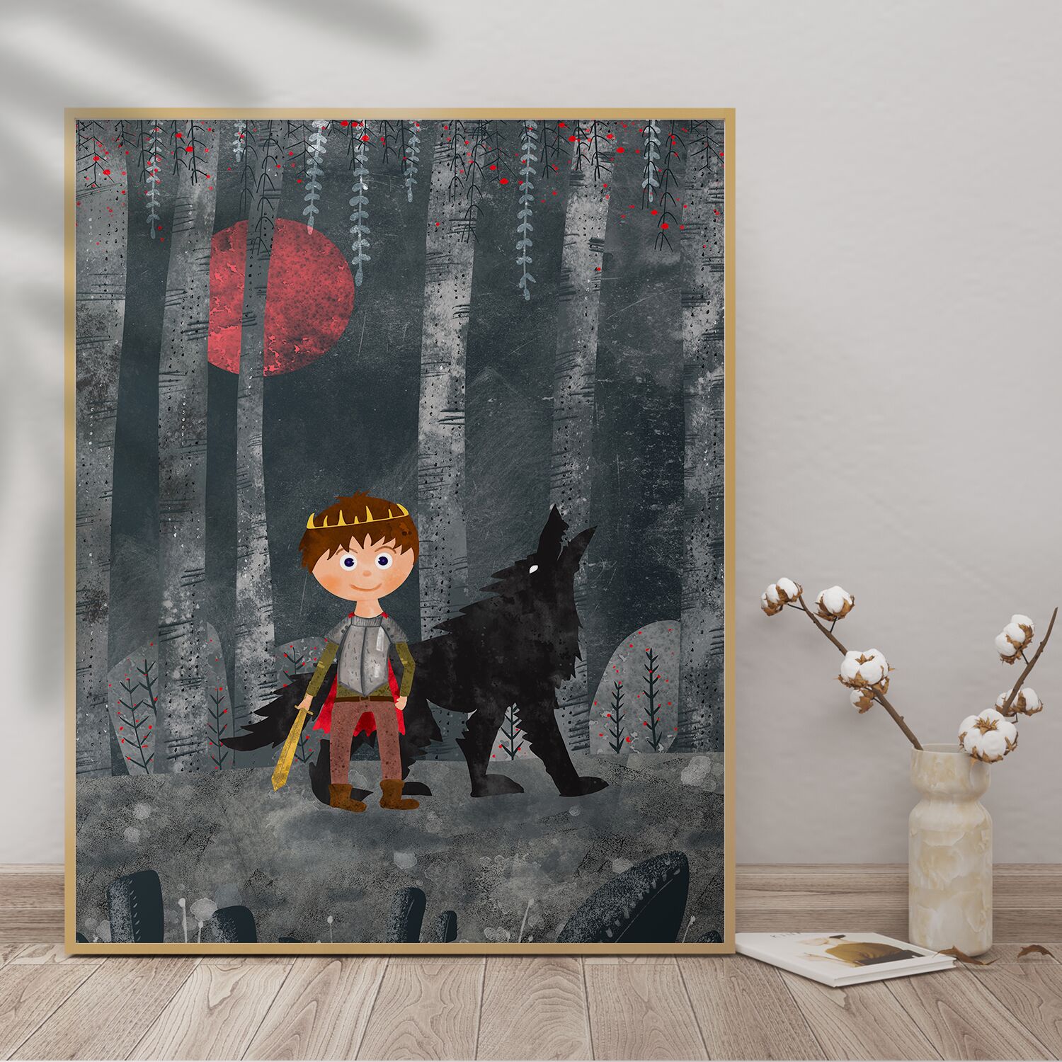 Cool Prince With Wolf In Dark Forest Personalised Poster For Boy, Premium Framed Poster - Image 3