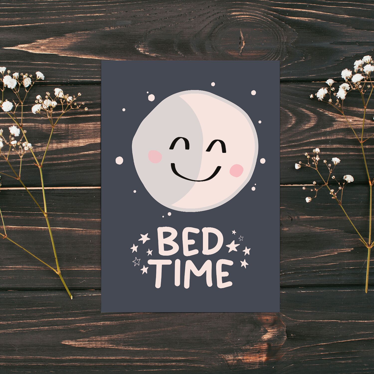 Bed Time And Cute Moon Vector Poster With Hanger Wall Art For Nursery Room - Image 3