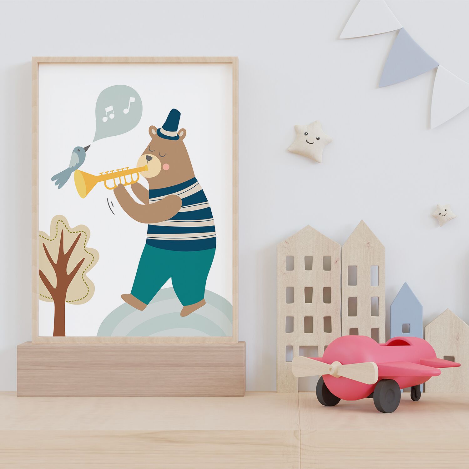 Toddlers Poster, With Cute Bear Playing Trumpt and Bird Singing - Image 3