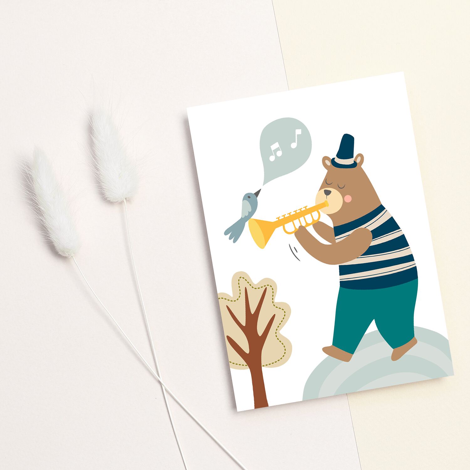 Toddlers Poster, With Cute Bear Playing Trumpt and Bird Singing - Image 2