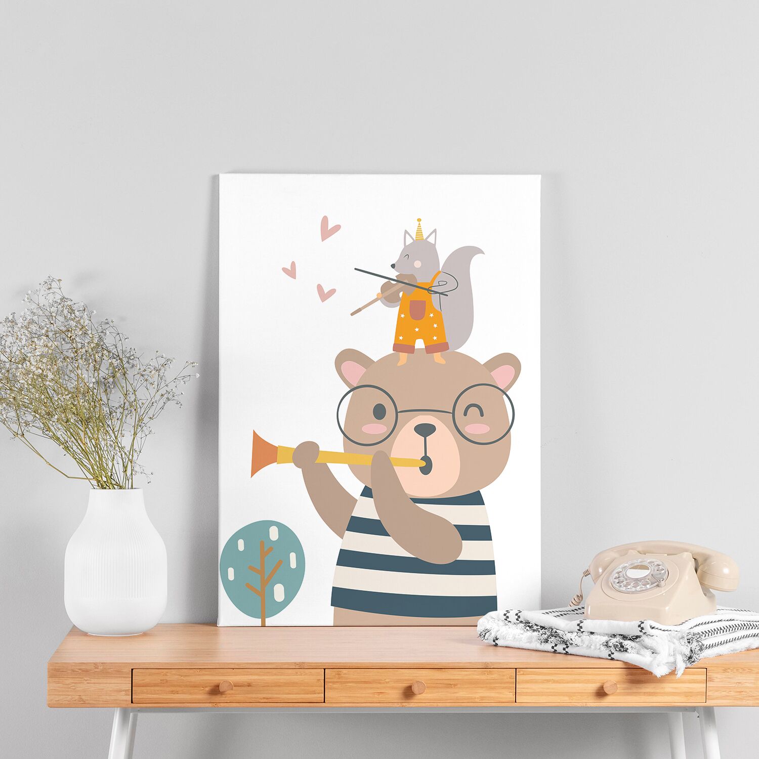 Toddlers Poster, With Cute Bear Playing A Trumpet And Little Fox Playing Violin On His Head - Image 3