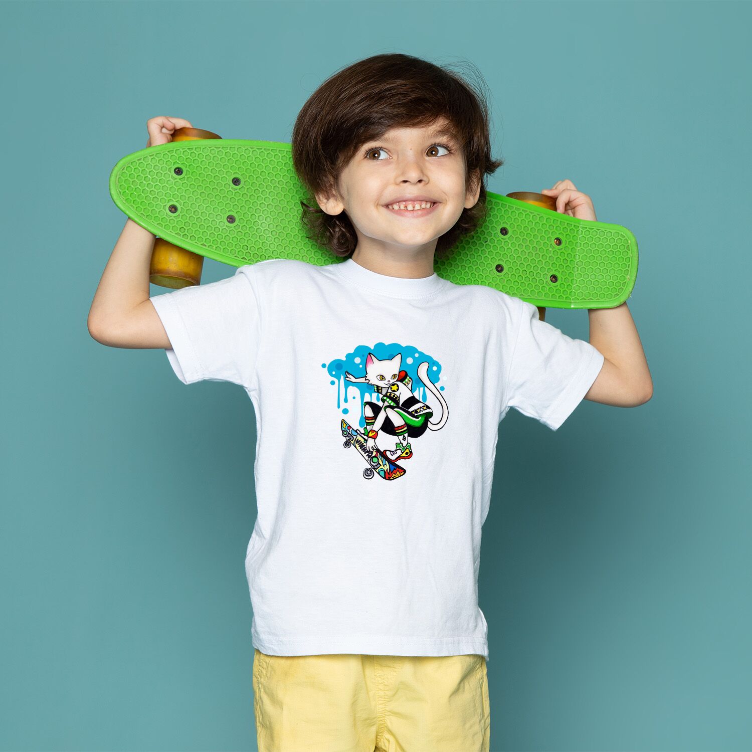 Skateboard Cool Boy Cat Kids Сrew Neck T-Shirt - Image 2