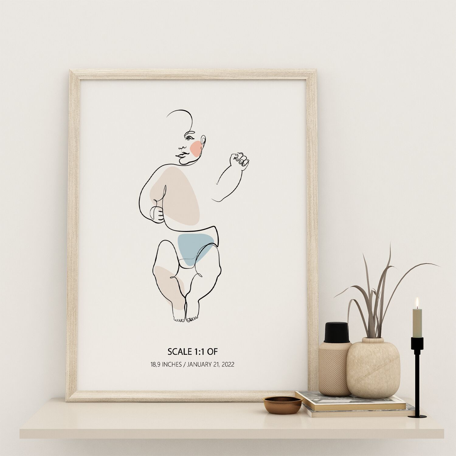Newborn Baby Boy Playing Line Art Premium Personalised Framed Poster - Image 3