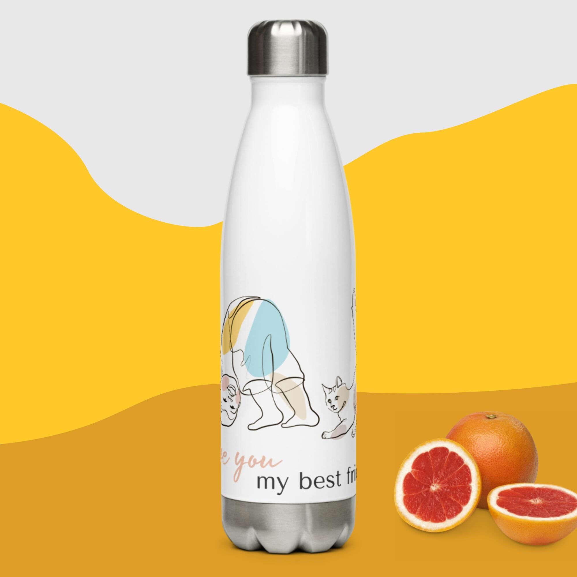 Little Boy Playing With His Cat Stainless Steel Water Bottle