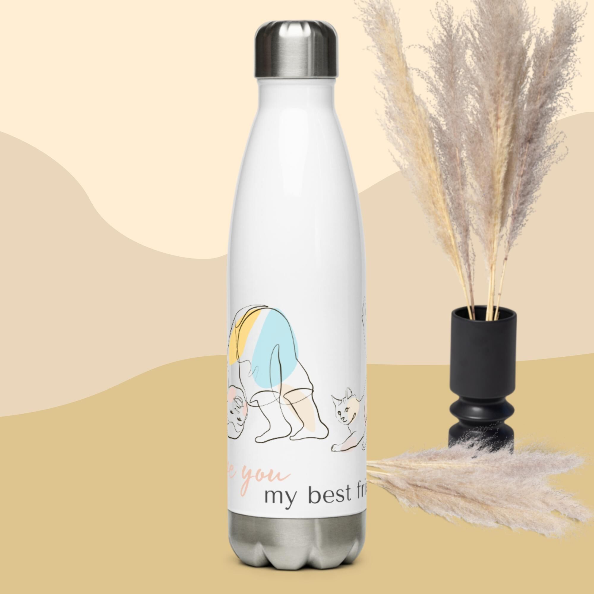 Little Boy Playing With His Cat Stainless Steel Water Bottle - Image 3