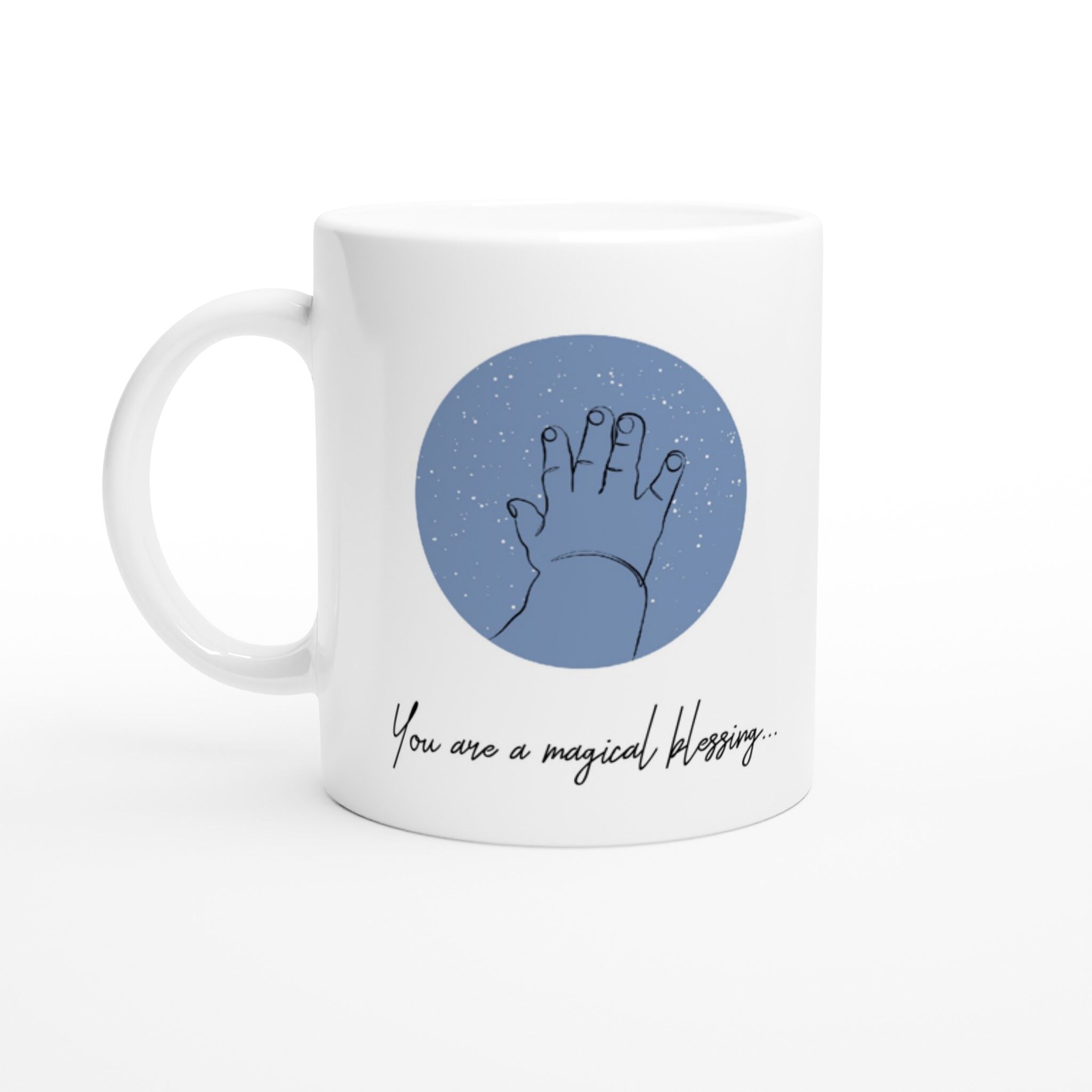 Baby Reaching Stars Blue Stone Background White 11oz Ceramic Mug